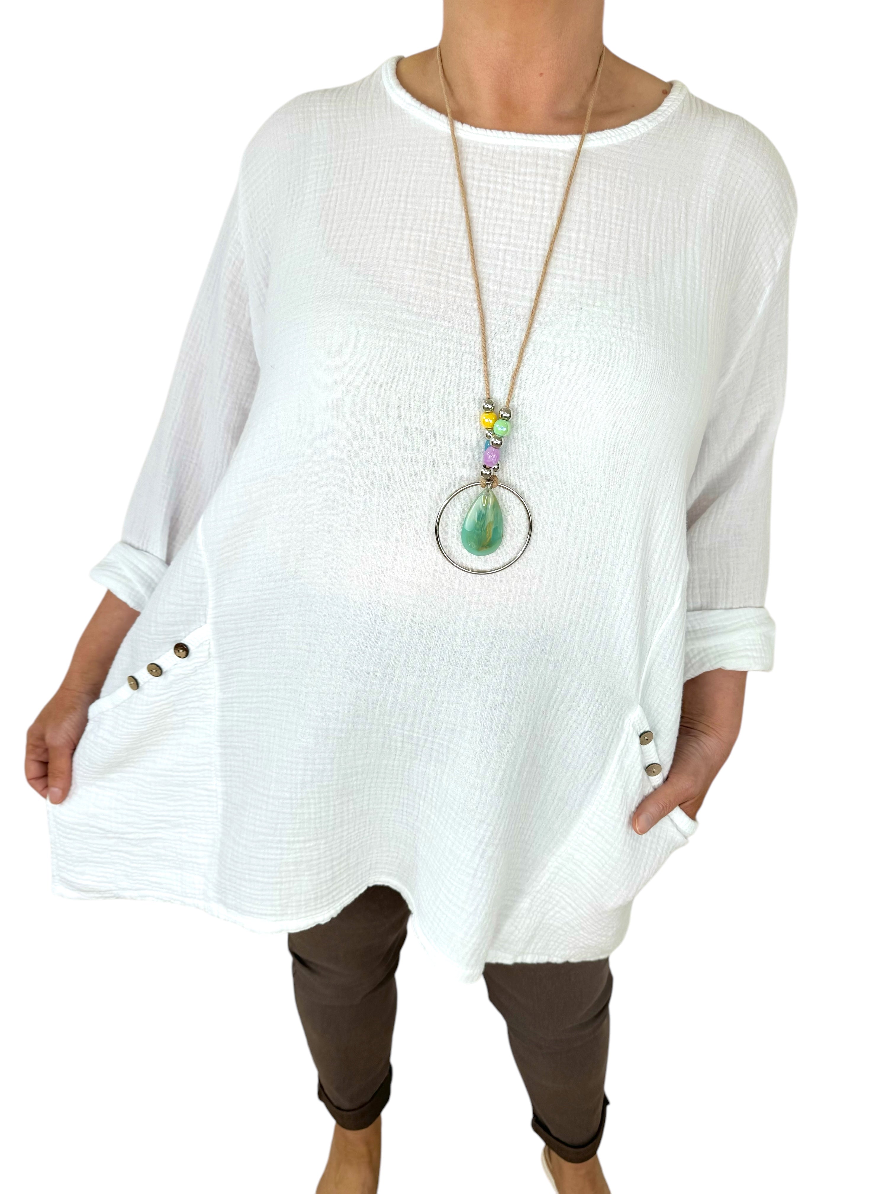 Pure Bubble Cotton Double Button Pocket Telia Necklace Top - White