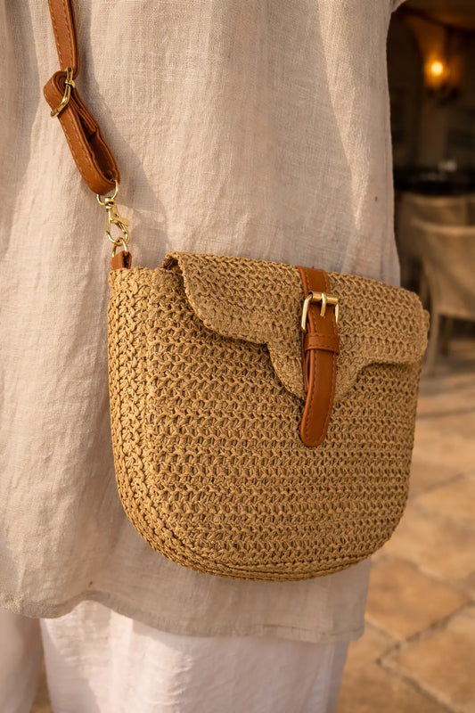 Woven Flap-Over Zipped Multi-Compartment Faux Leather Strap Adjustable Bag - Riviera Tan