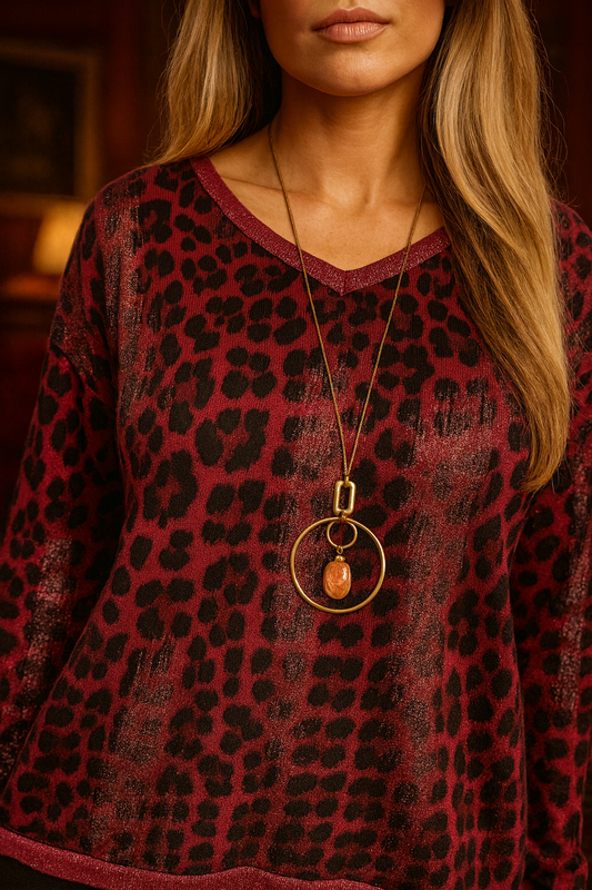 Shimmer Dash Sparkle Neck and Hem Leopard Erika Necklace Top - Frosted Cherry