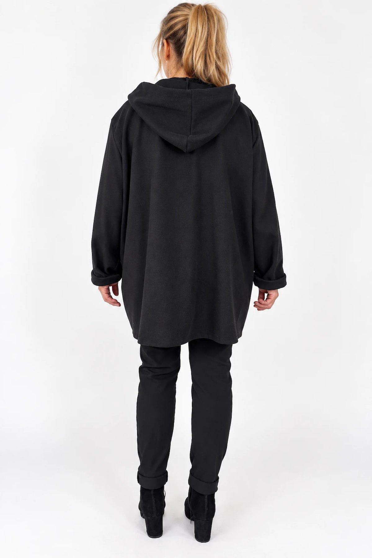 Wool Mix Brushed Double Patch Pocket Italia Button Hooded Coat - Black