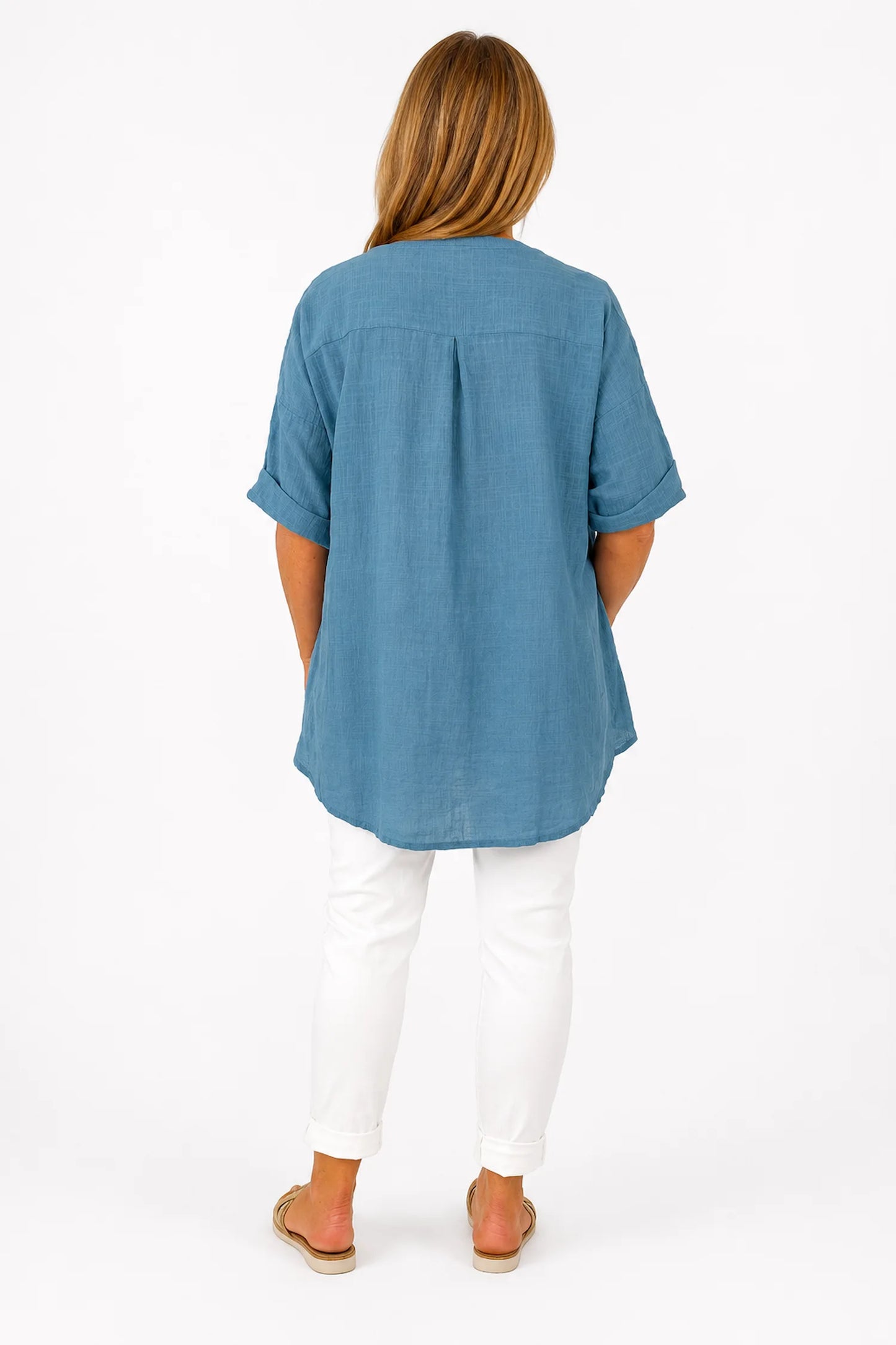 Linen Look Pure Cotton Button Detail Pocket Venice Top - Denim