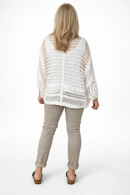 Cotton Juliana Button Batwing Crochet Floral Cardigan - White