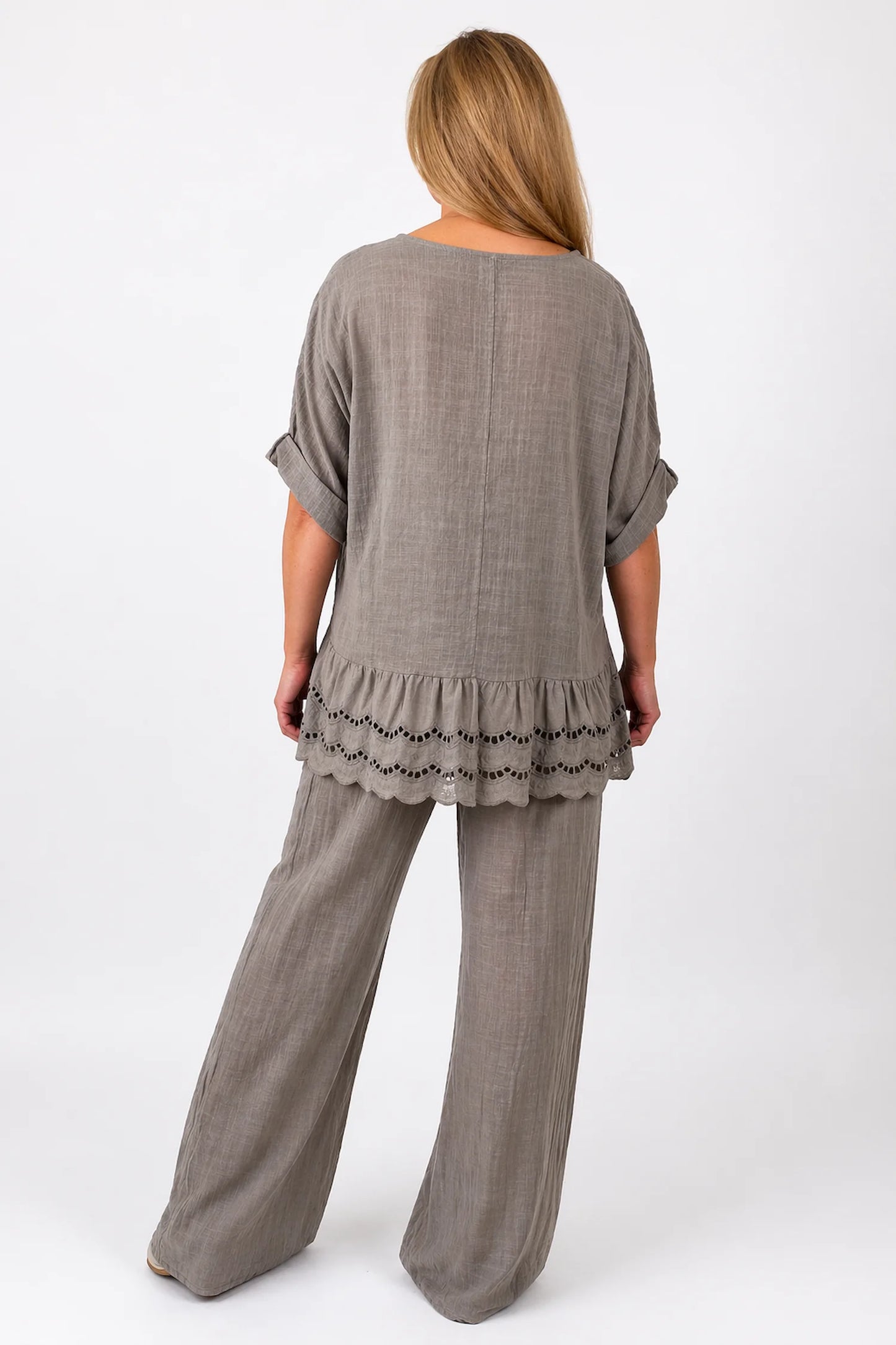 Pure Cotton Embroidery Anglaise Crochet Hem Caprina Top - Mocha