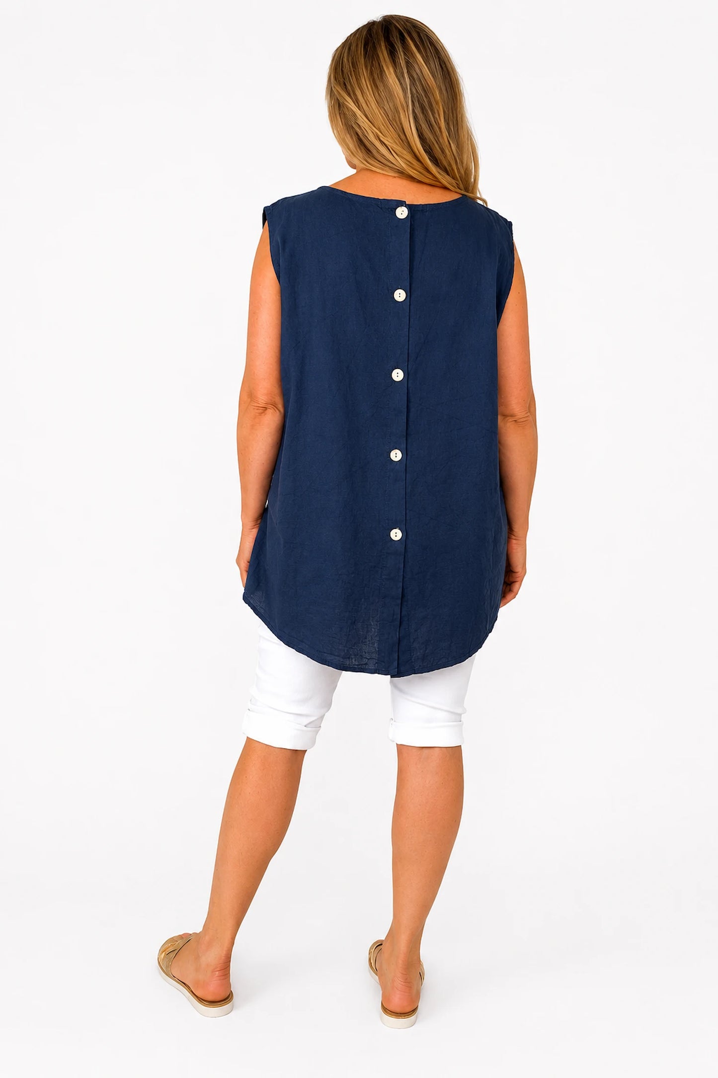 Linen Cotton Mix Button Back Embroidered Crochet Pocket Primrose Vest - Navy