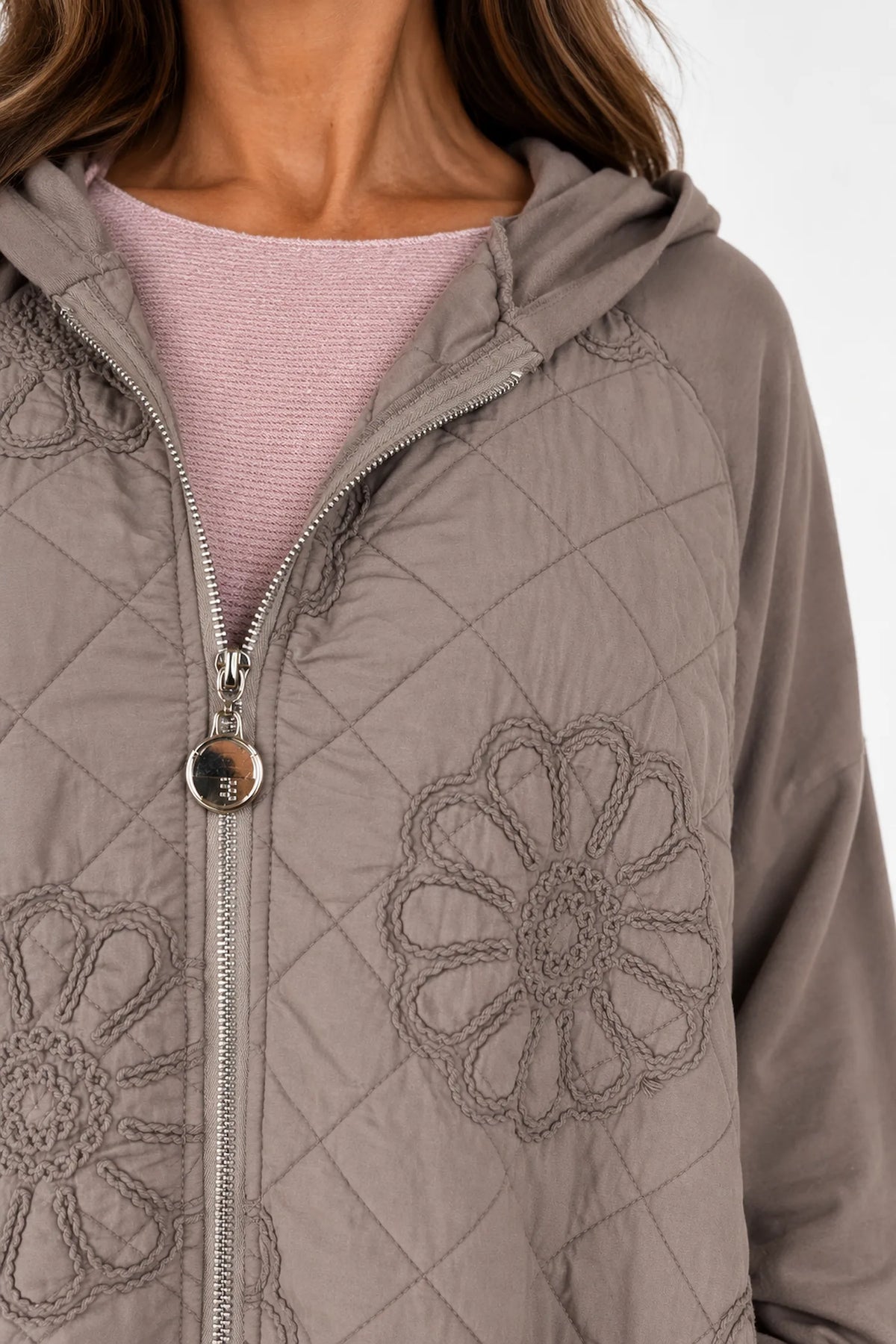 Embroidered Floral Quilted Cotton Hooded Zip Kala Coat – Mocha