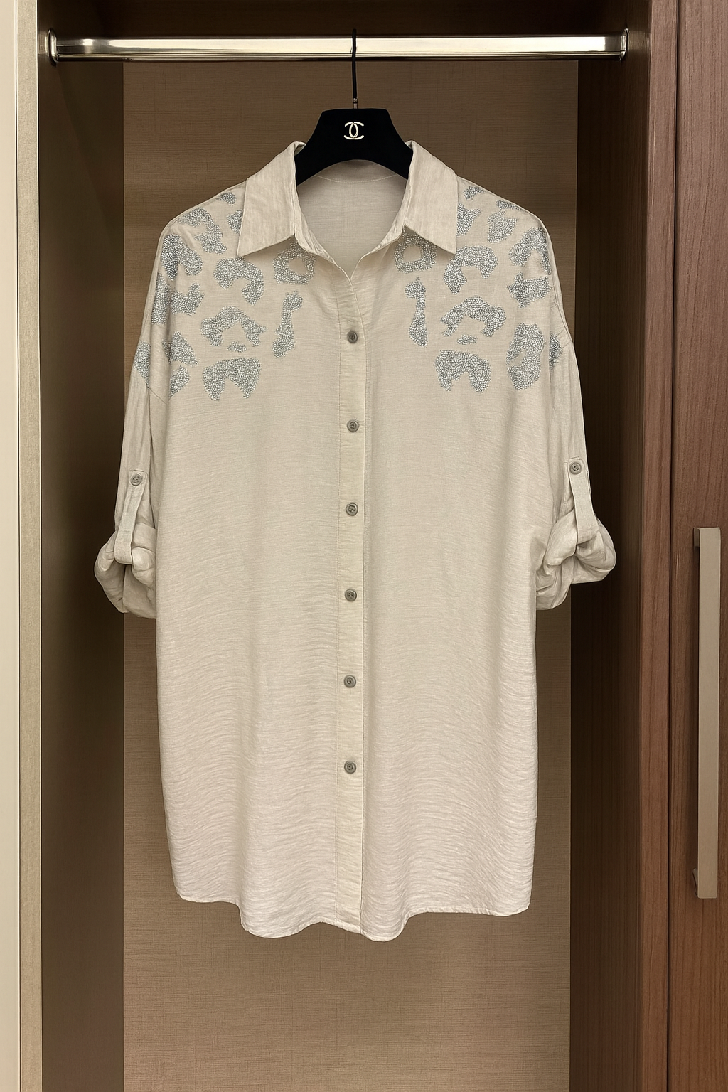 Premium Stitch Diamanté Leopard Celeste Button Sleeve Shirt - Stone