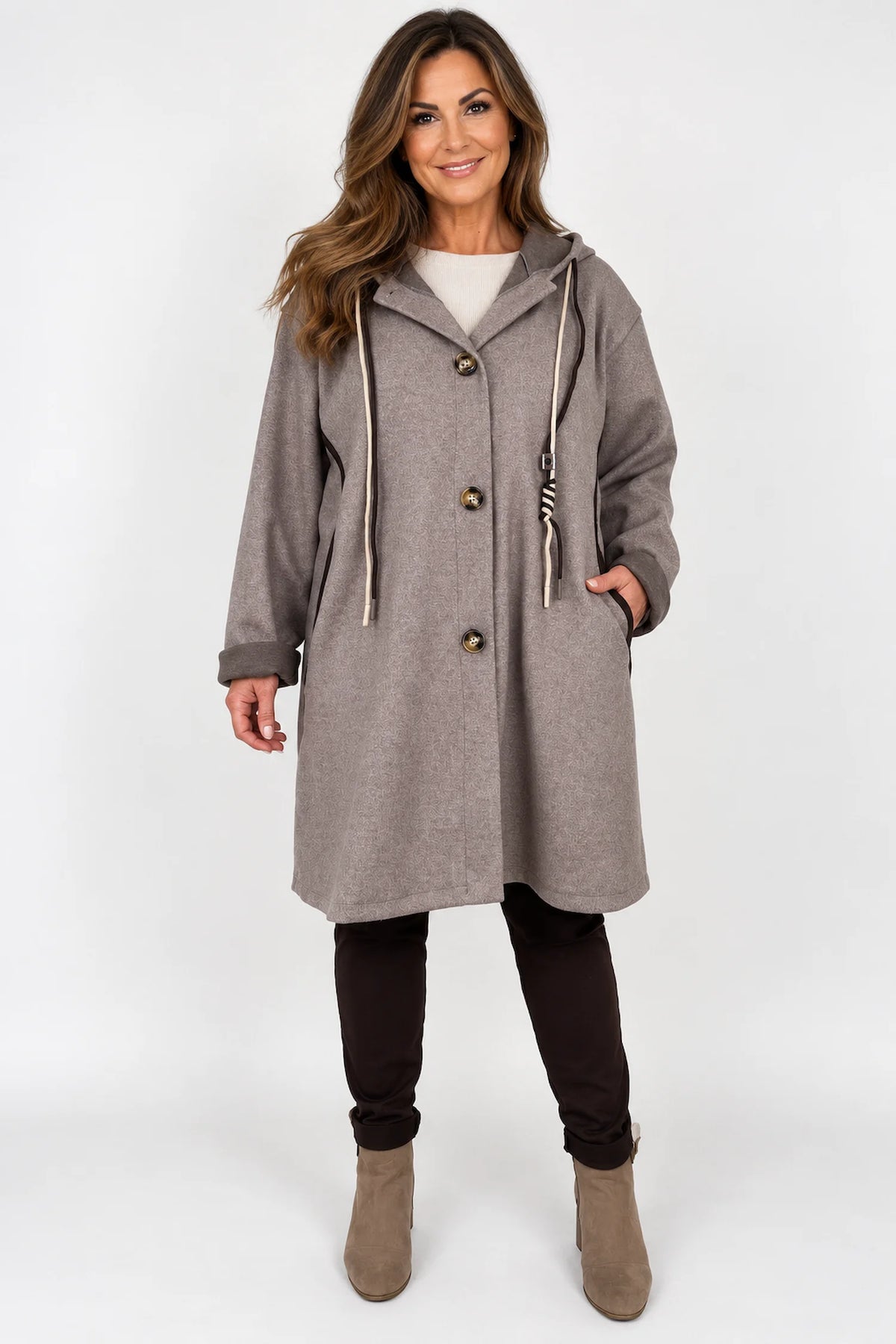 Viera Contrast Trim Double Pocket Drawstring Hooded Button Coat - Mocha