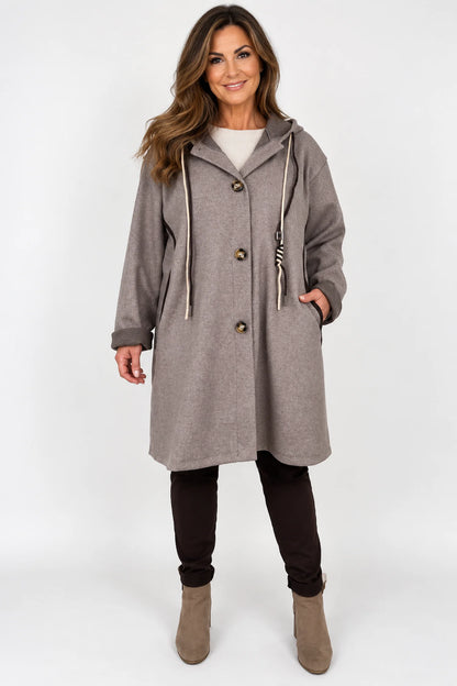 Viera Contrast Trim Double Pocket Drawstring Hooded Button Coat - Mocha