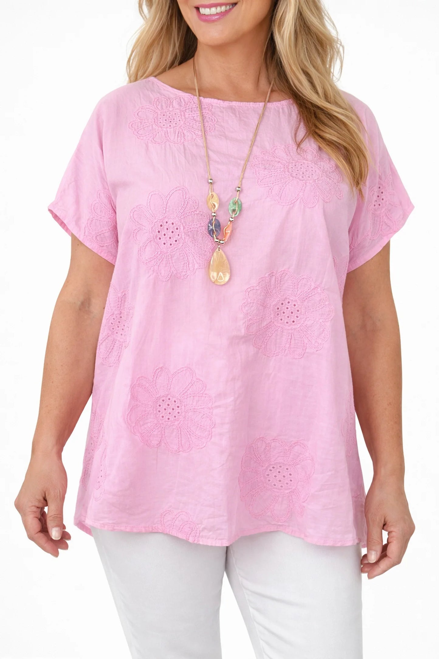 Pure Cotton Embroidery Anglaise Flower Amara Necklace Top - Baby Pink