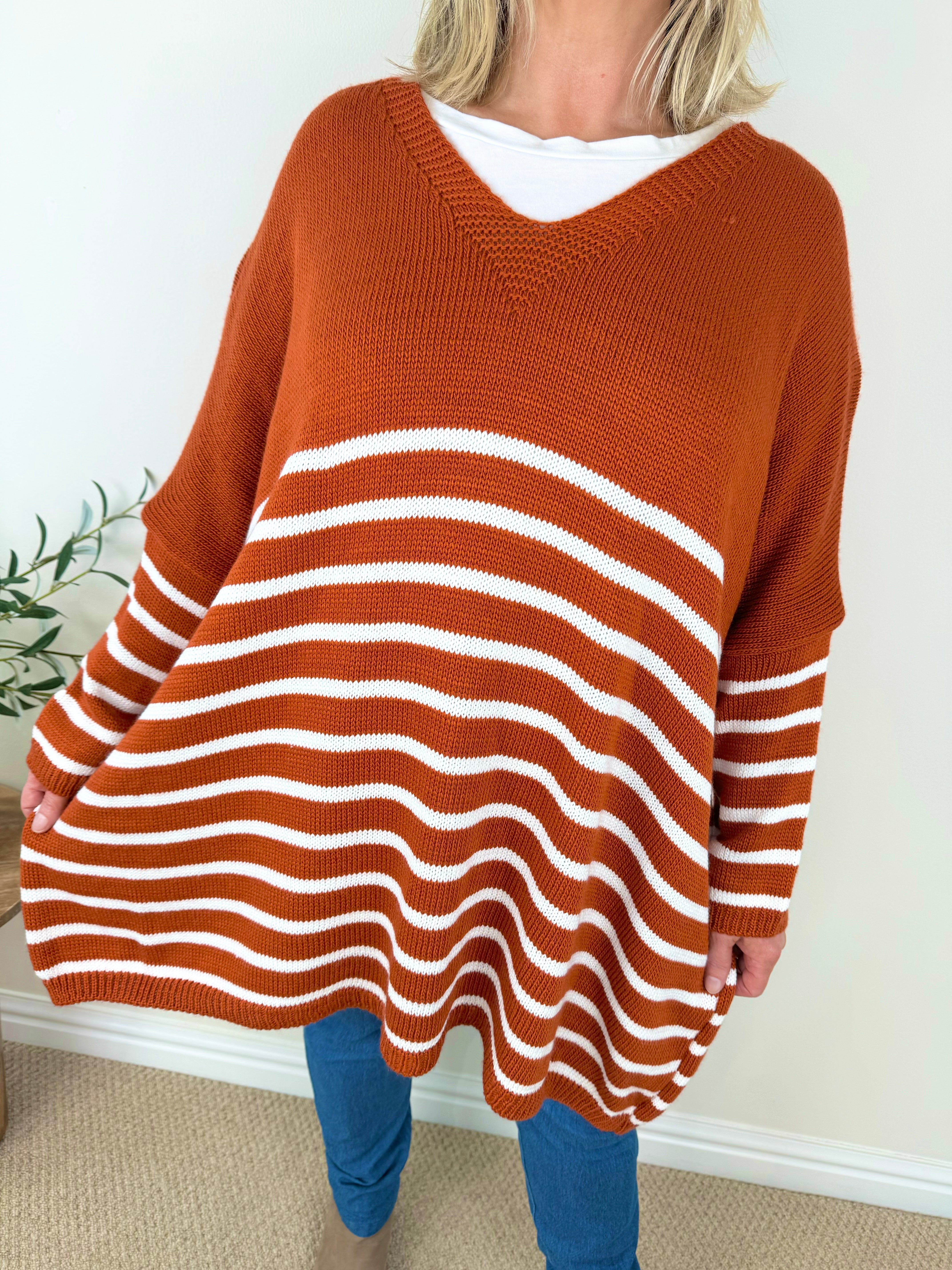 Striped Diana Cosy Knit Jumper AW24 - Burnt Orange