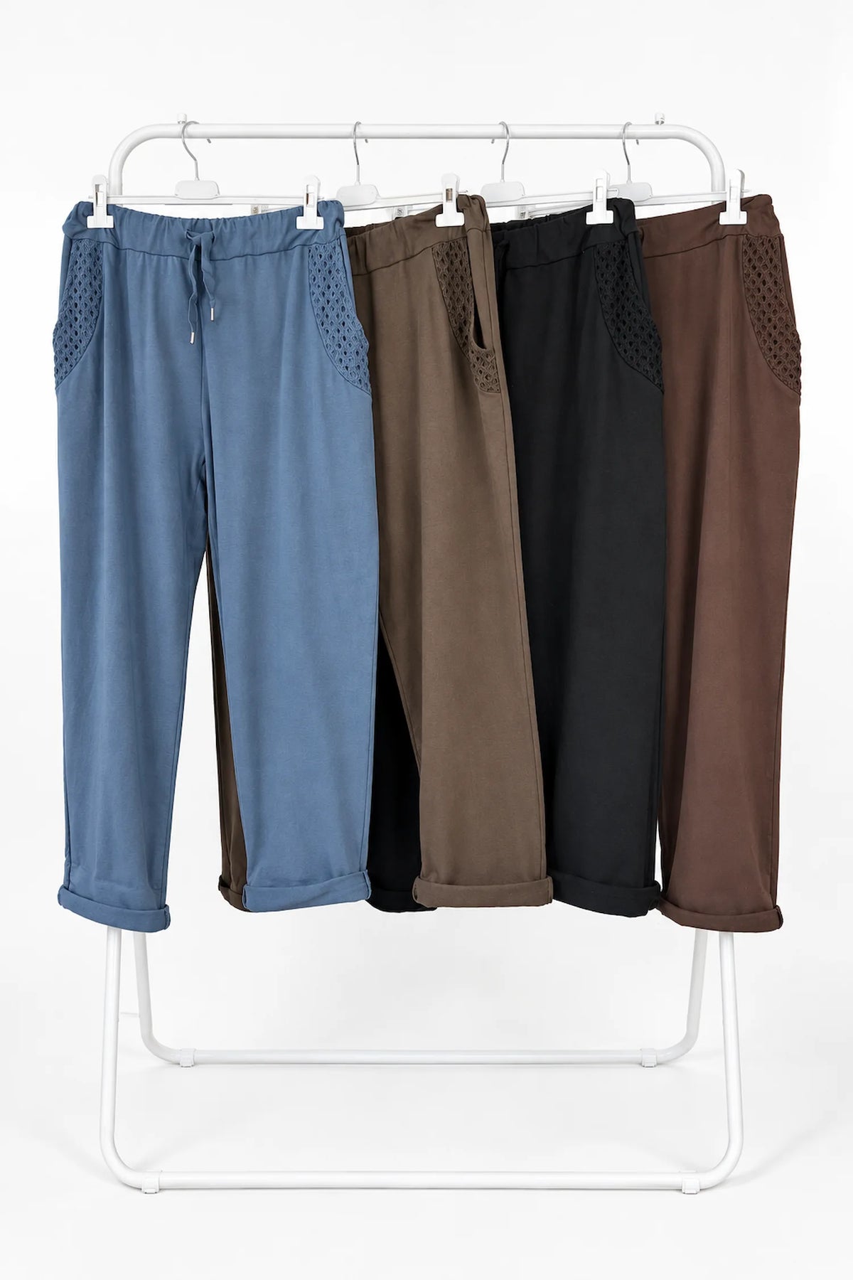 Premium Weight Cotton Crochet Pocket Detail Taliana Joggers - Mocha