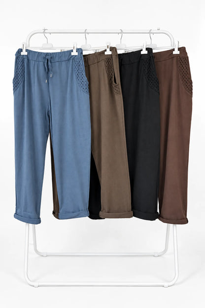 Premium Weight Cotton Crochet Pocket Detail Taliana Joggers - Mocha