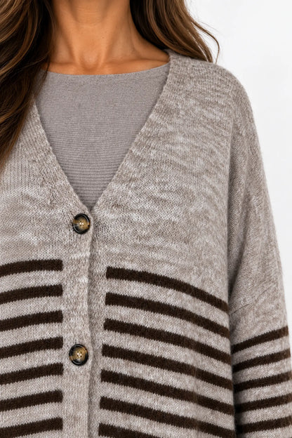 Wool Mix Perla Stripe Button Cardigan - Mocha