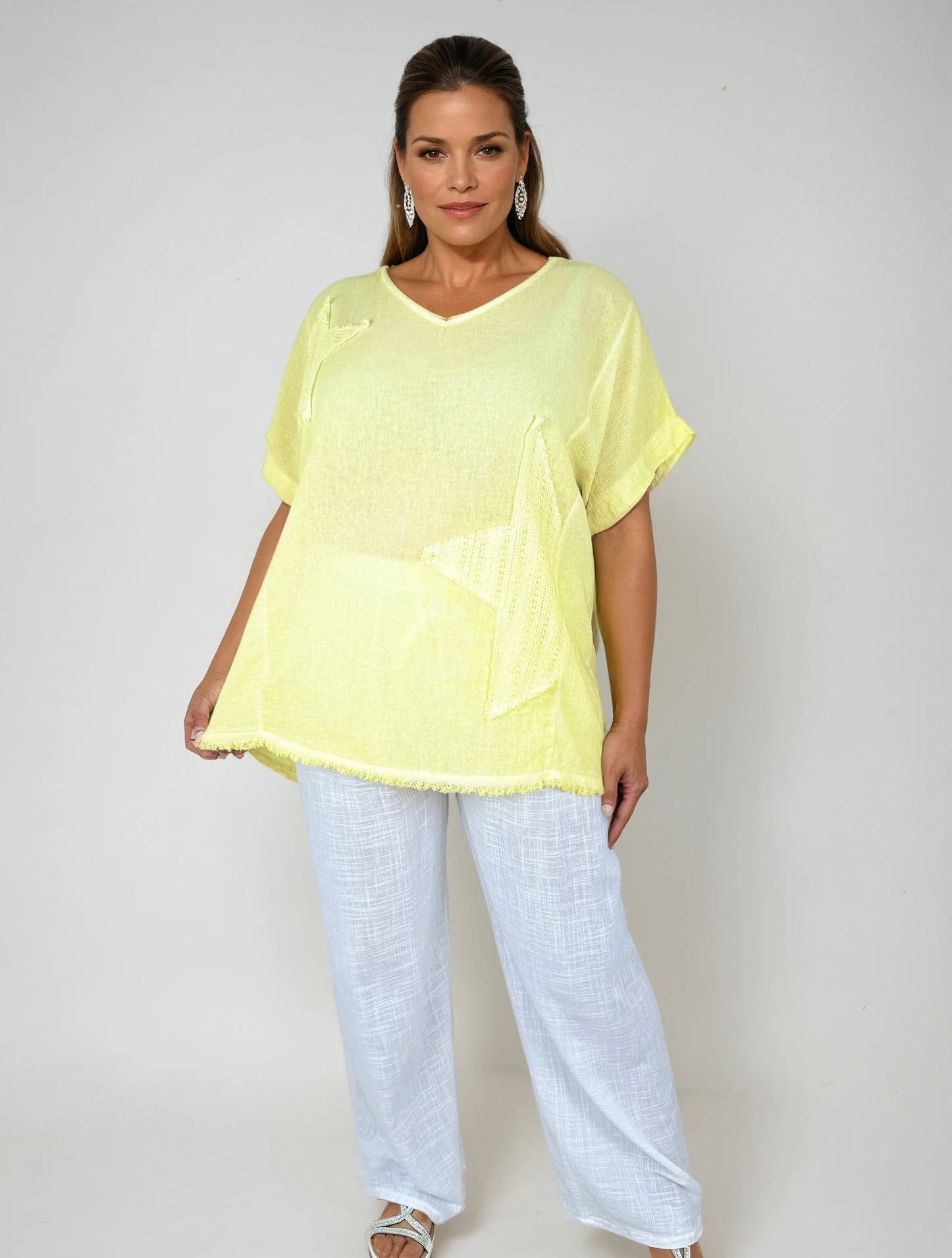 Linen Mix Washed Cotton Rugged Bottom Miala Top - Lemon