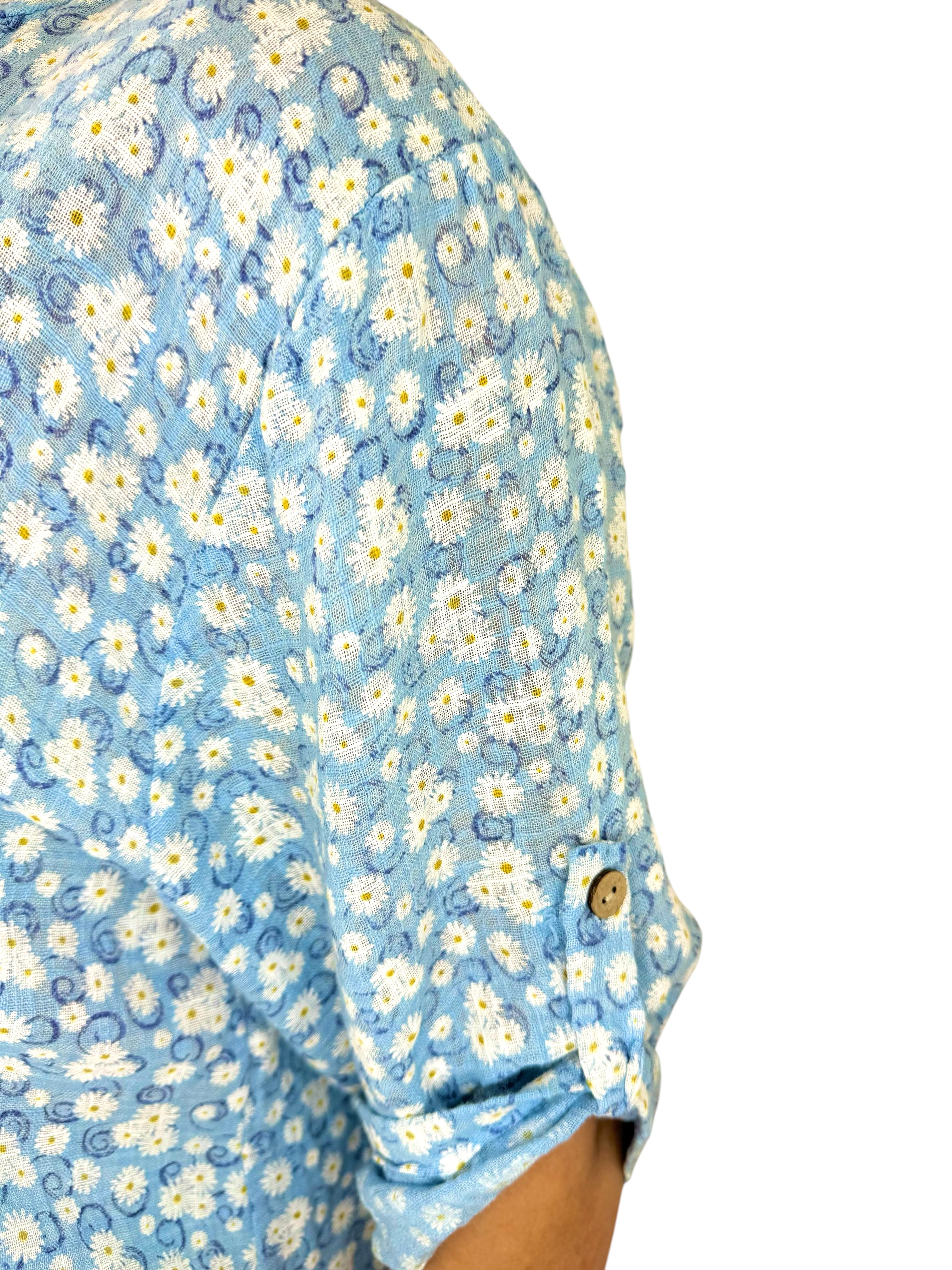 Pure Cotton Daisy Button Sleeve Carli Shirt - Baby Blue