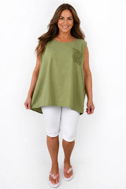 Linen Cotton Mix Button Back Embroidered Crochet Pocket Primrose Vest - Lime