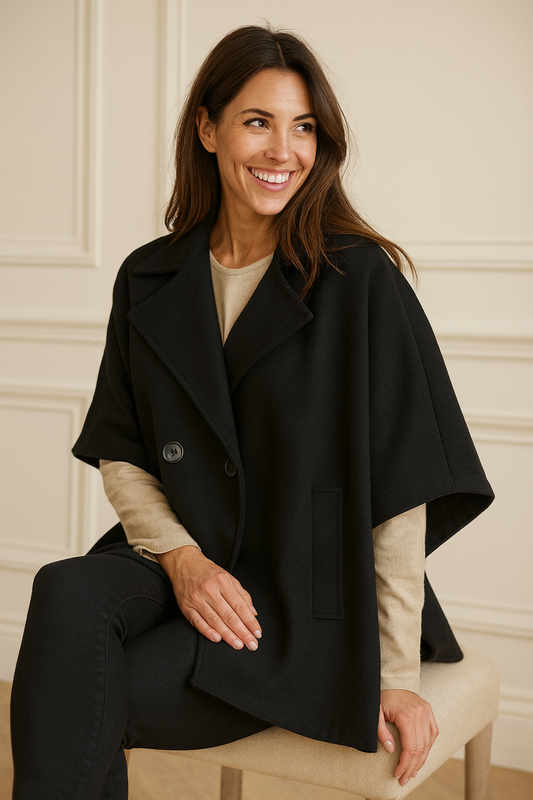 Double Pocket Button Detail Florence Cape Jacket - Black