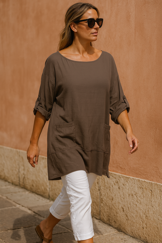 Double Pocket Cotton Three Quarter Button Sleeve Collette Top - Chocolate