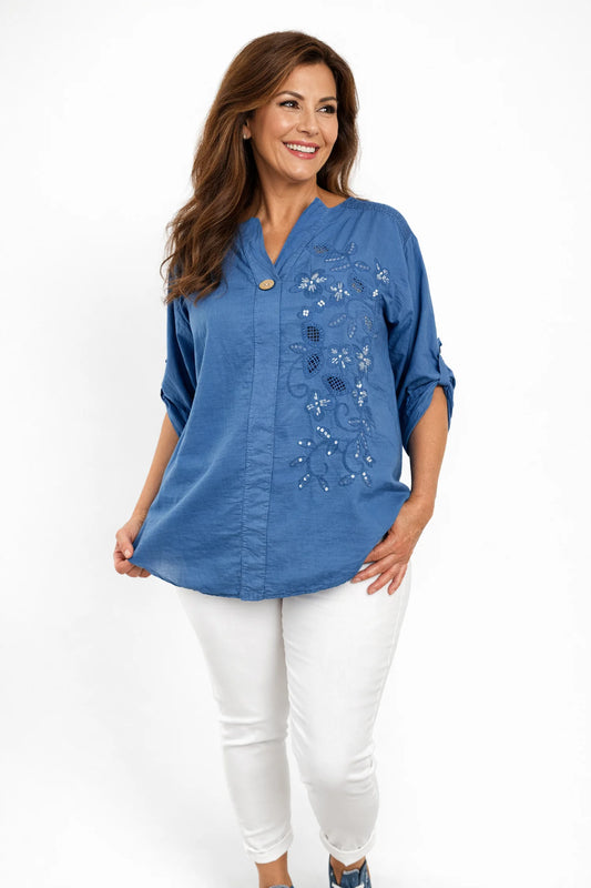 Cotton Mesh Shoulder Embroidery Anglaise Detail Button Sleeve Antonella One Button Shirt - Denim