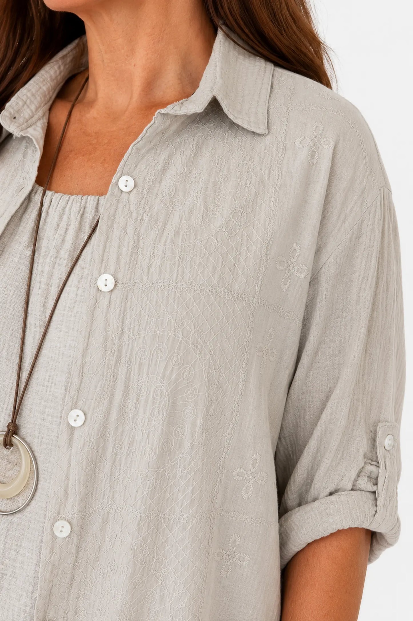 Pure Bubble Cotton Embroidery Anglaise Daphne Button Sleeve Shirt - Beige