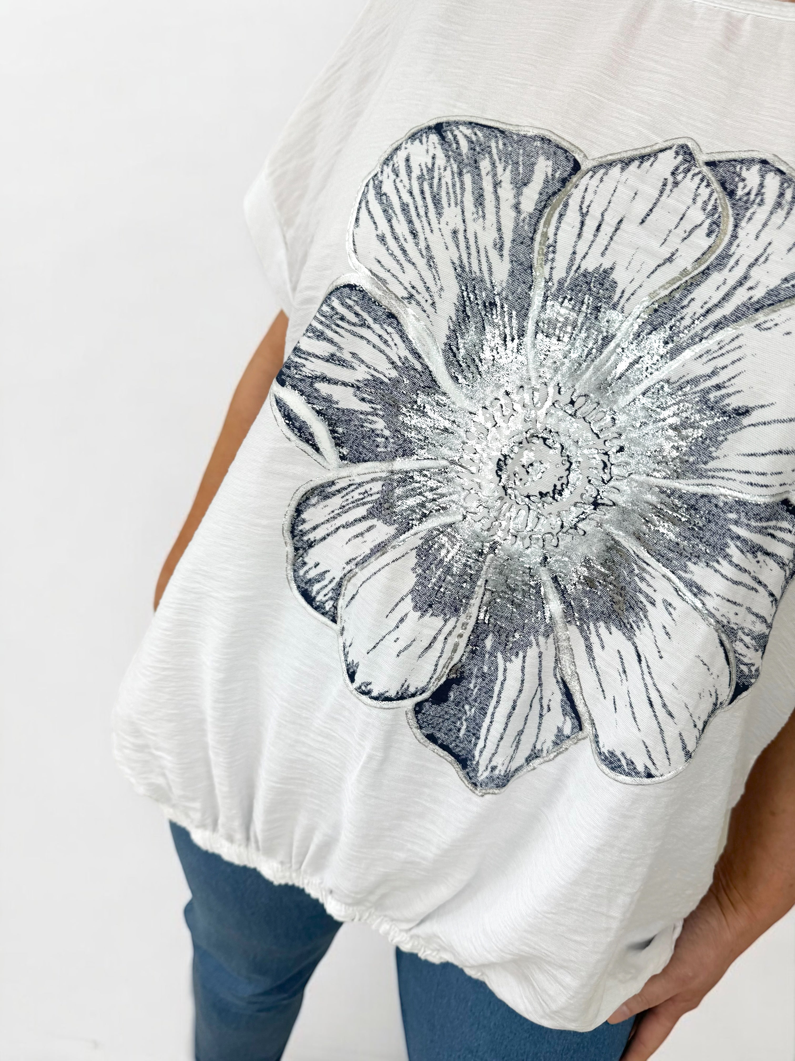 Cotton Metallic Flower Italia Top - White