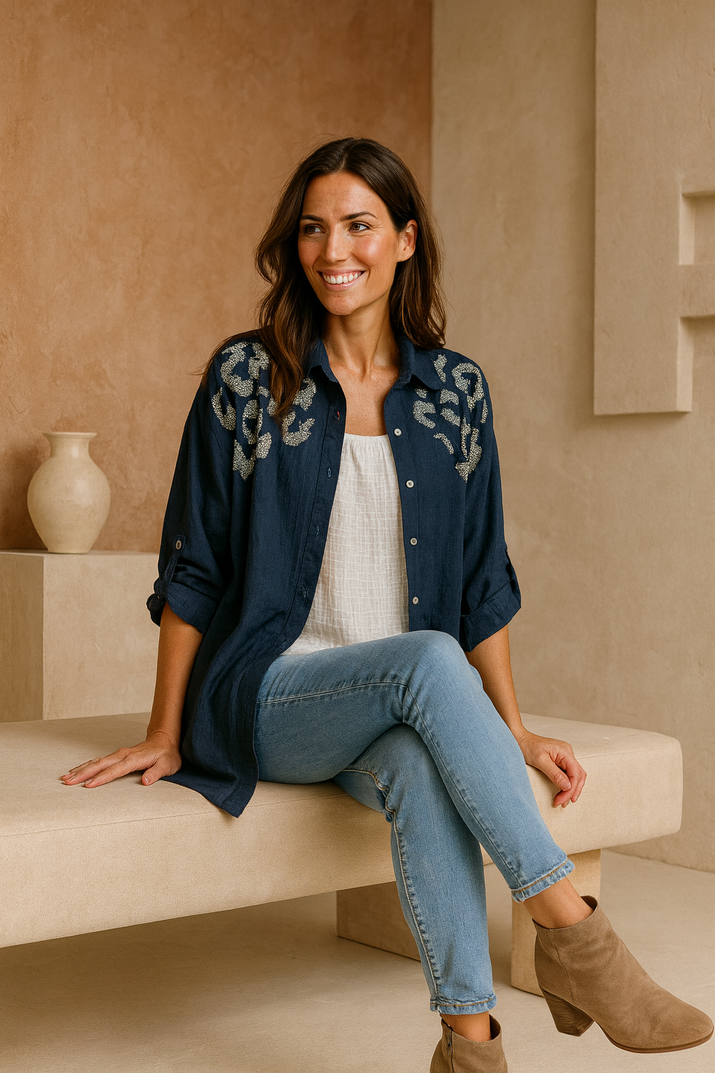 Premium Stitch Diamanté Leopard Celeste Button Sleeve Shirt - Navy