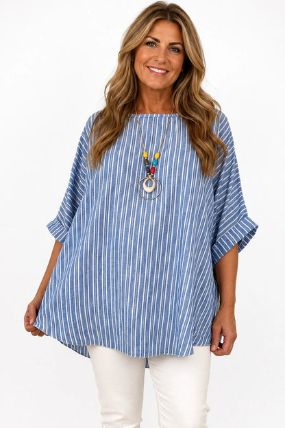 Chelsea Stripe Necklace Top - Washed Denim