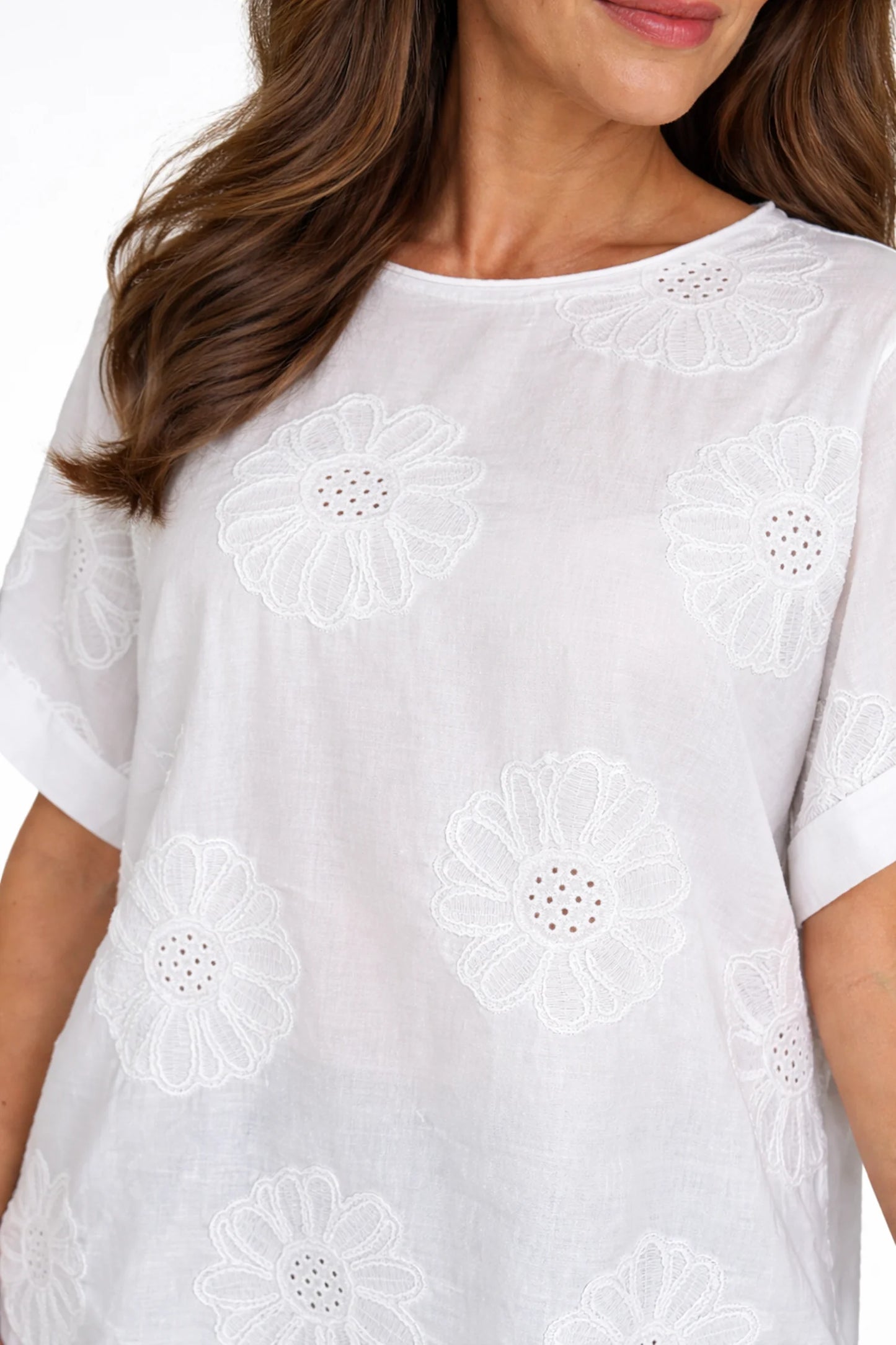Pure Cotton Embroidered Flower Viera Top - White