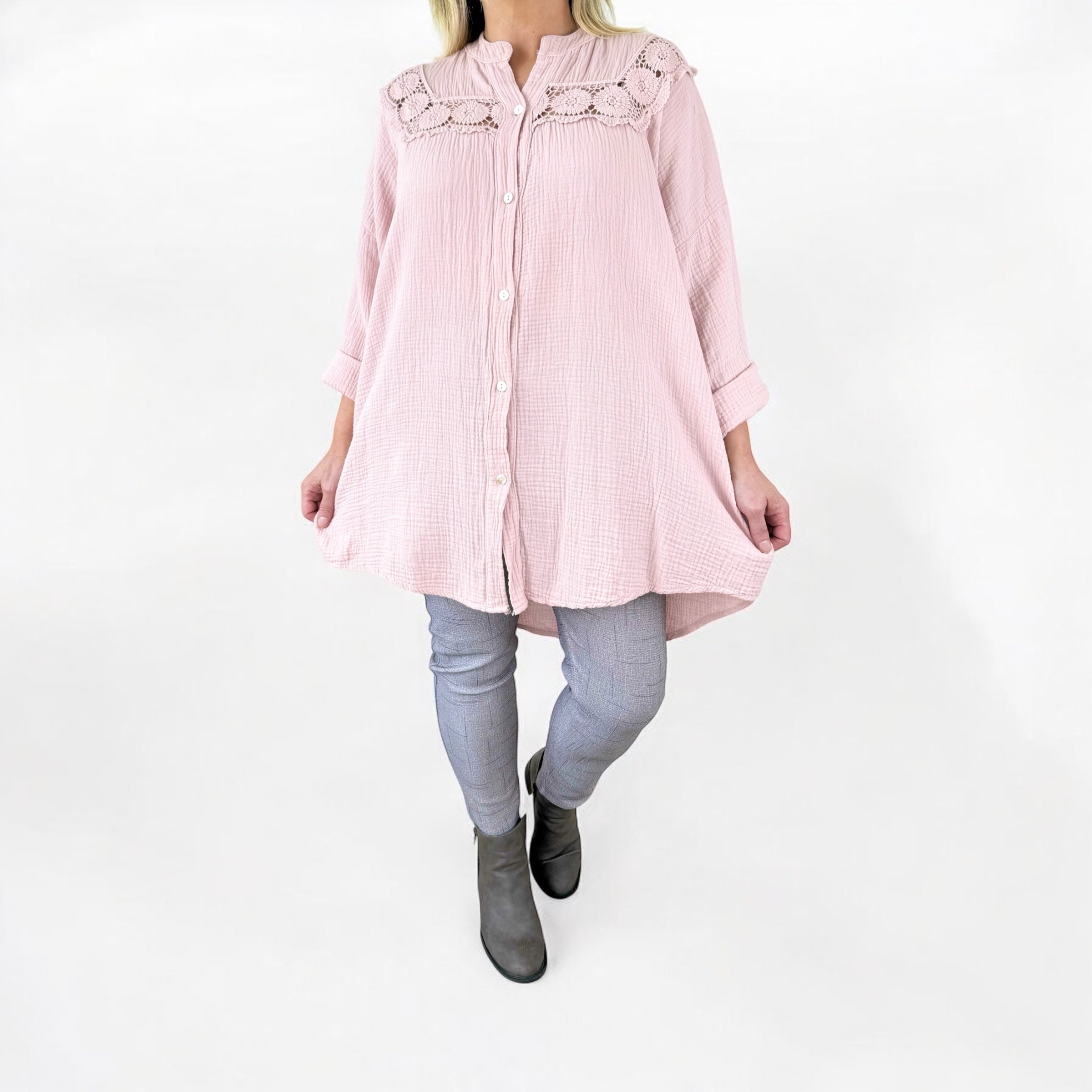 Oversized Bubble Cotton Positano Shirt - Dusky Pink