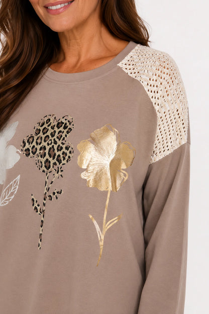 Golden Stitch Crochet Sleeve Metallic Floral Carvella Top - Mocha