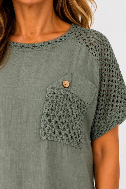 Pure Cotton Crochet Detail Button Pocket Palermo Top - Khaki