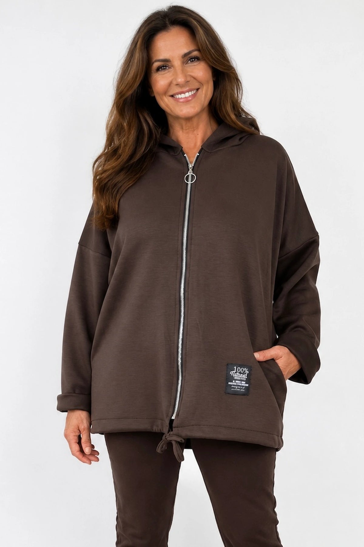 Badge Detail Drawstring Hem Double Pocket Viera Zipped Hooded Jacket - Chocolate
