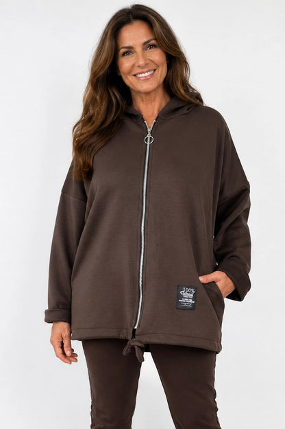 Badge Detail Drawstring Hem Double Pocket Viera Zipped Hooded Jacket - Chocolate