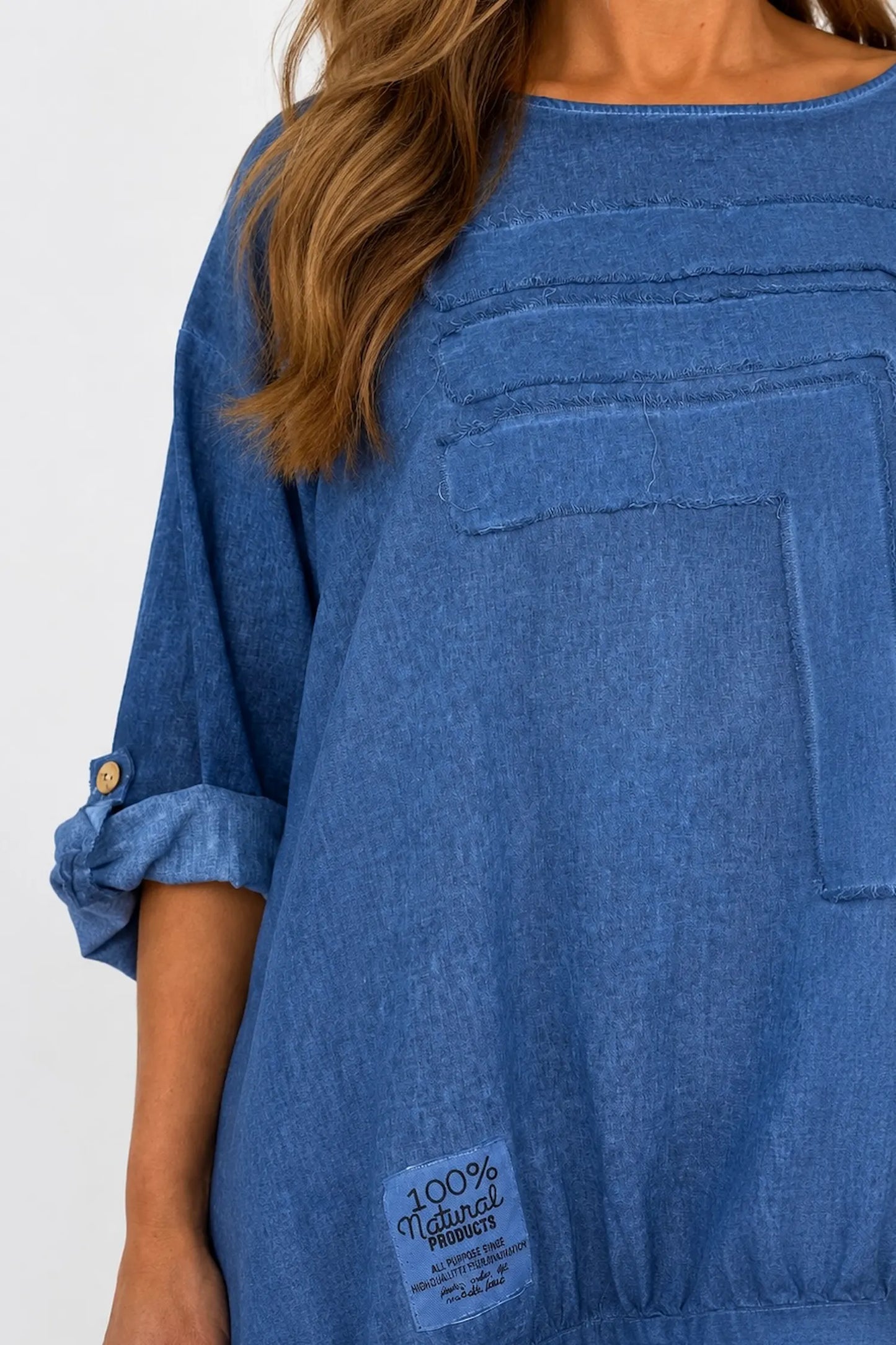 Linen Cotton Mix Button Sleeve Badge Detail Cliana Top - Washed Denim