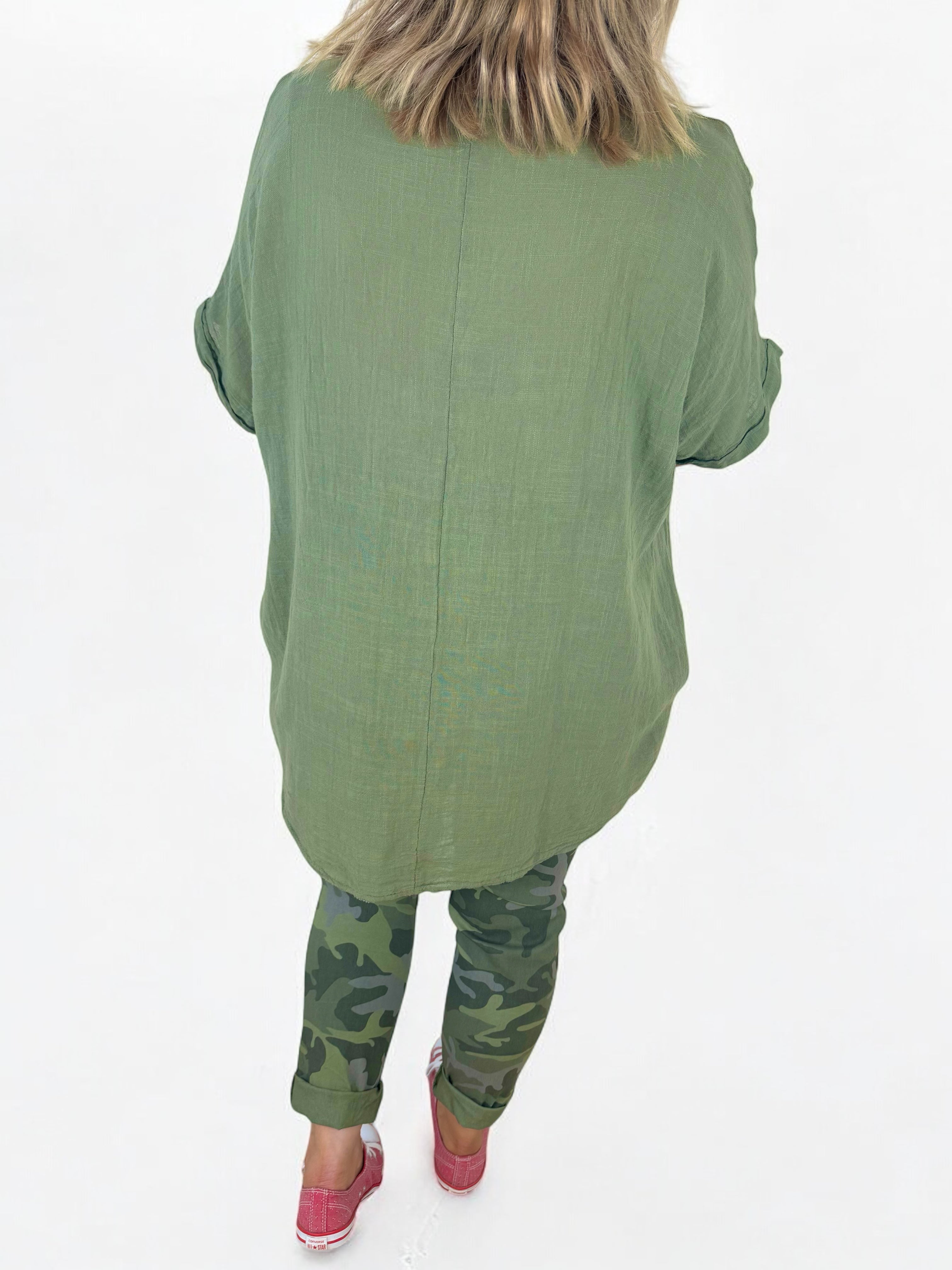 Pure Cotton Double Pocket Siana Sparkle Star Top - Khaki
