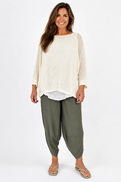 Pure Cotton Removable Tie Alexandra Batwing Crochet Top - Cream
