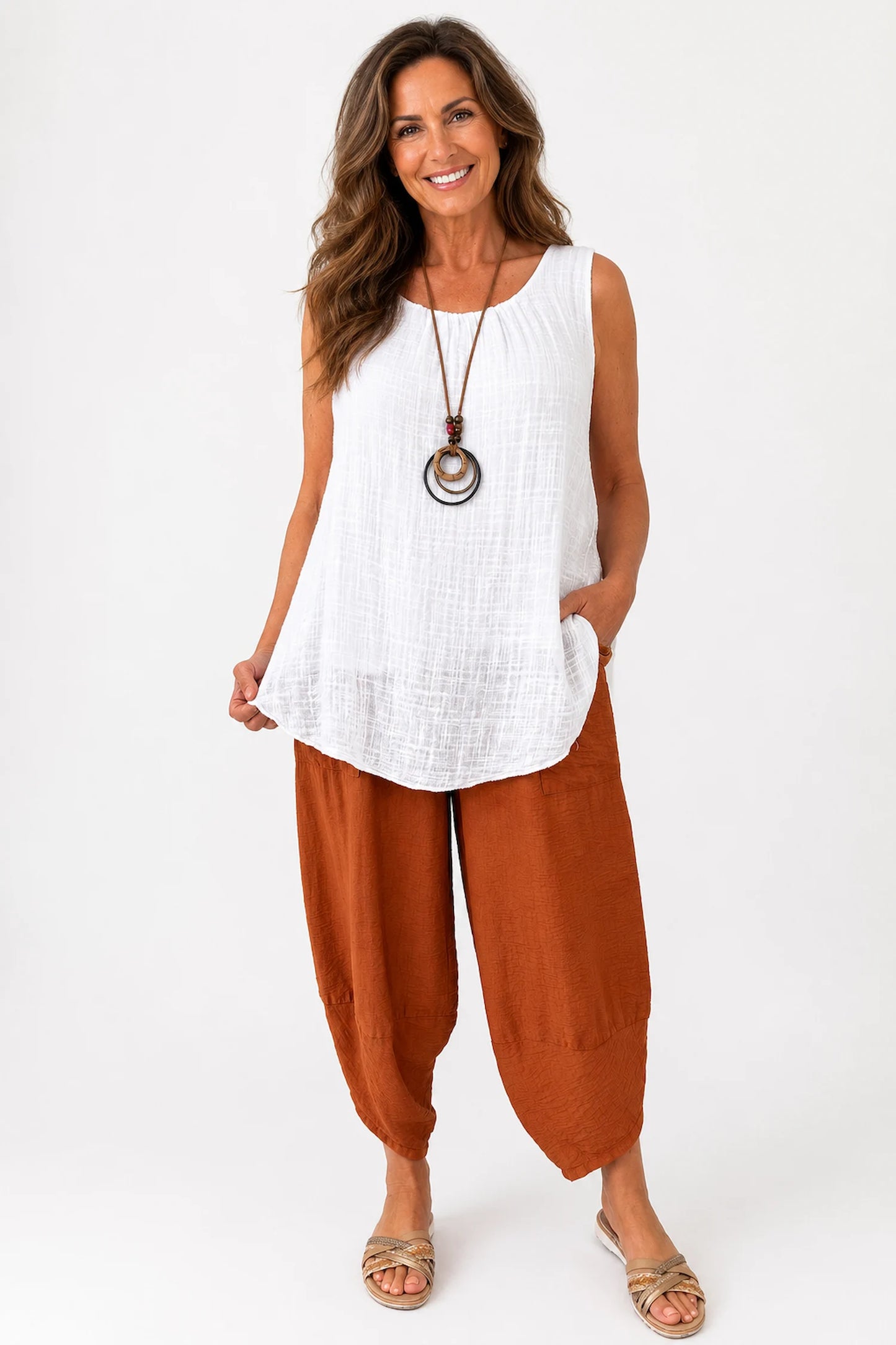 Lagen Look Double Subtle Panel Pocket Elasticated Waist Freya Pants - Sunset