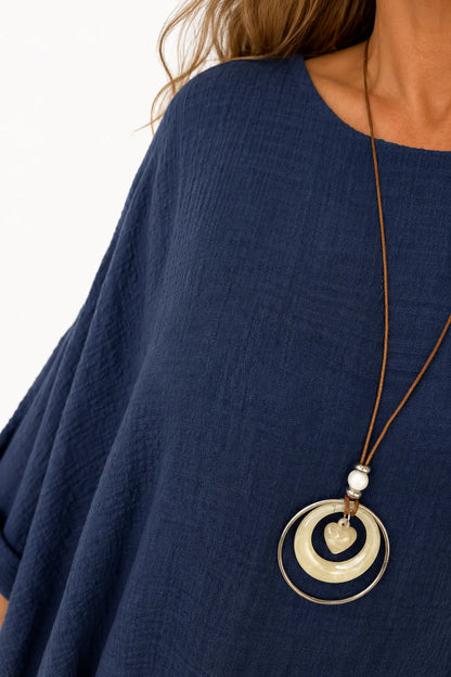 Cotton Fully Lined Isabel Necklace Batwing Top - Navy