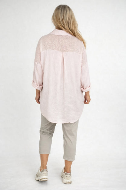Pure Bubble Cotton Mesh Sleeve/Back Detail Celeste Button Shirt - Baby Pink