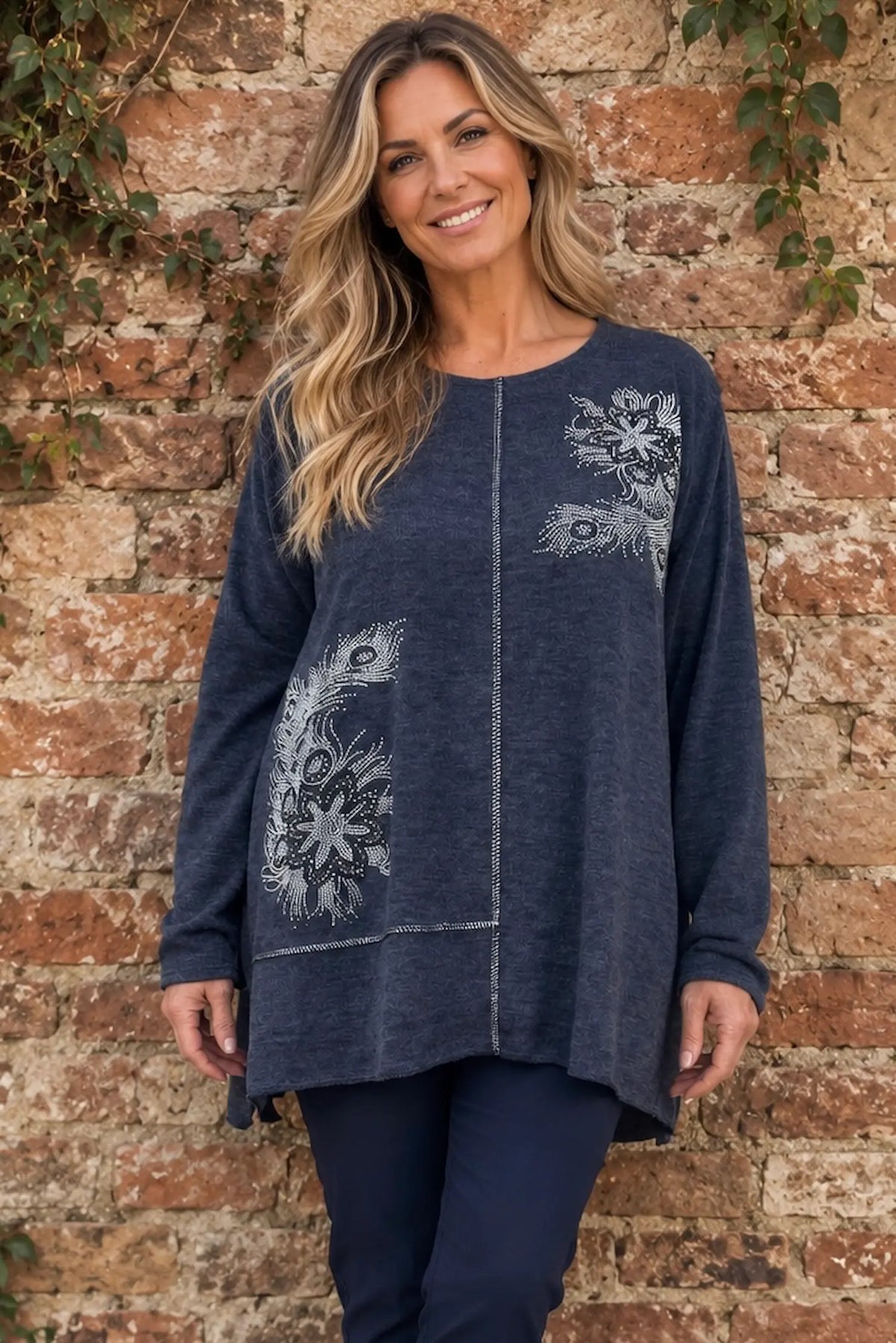 Wool Mix Diamanté Silver Stitch Ciana Top - Navy
