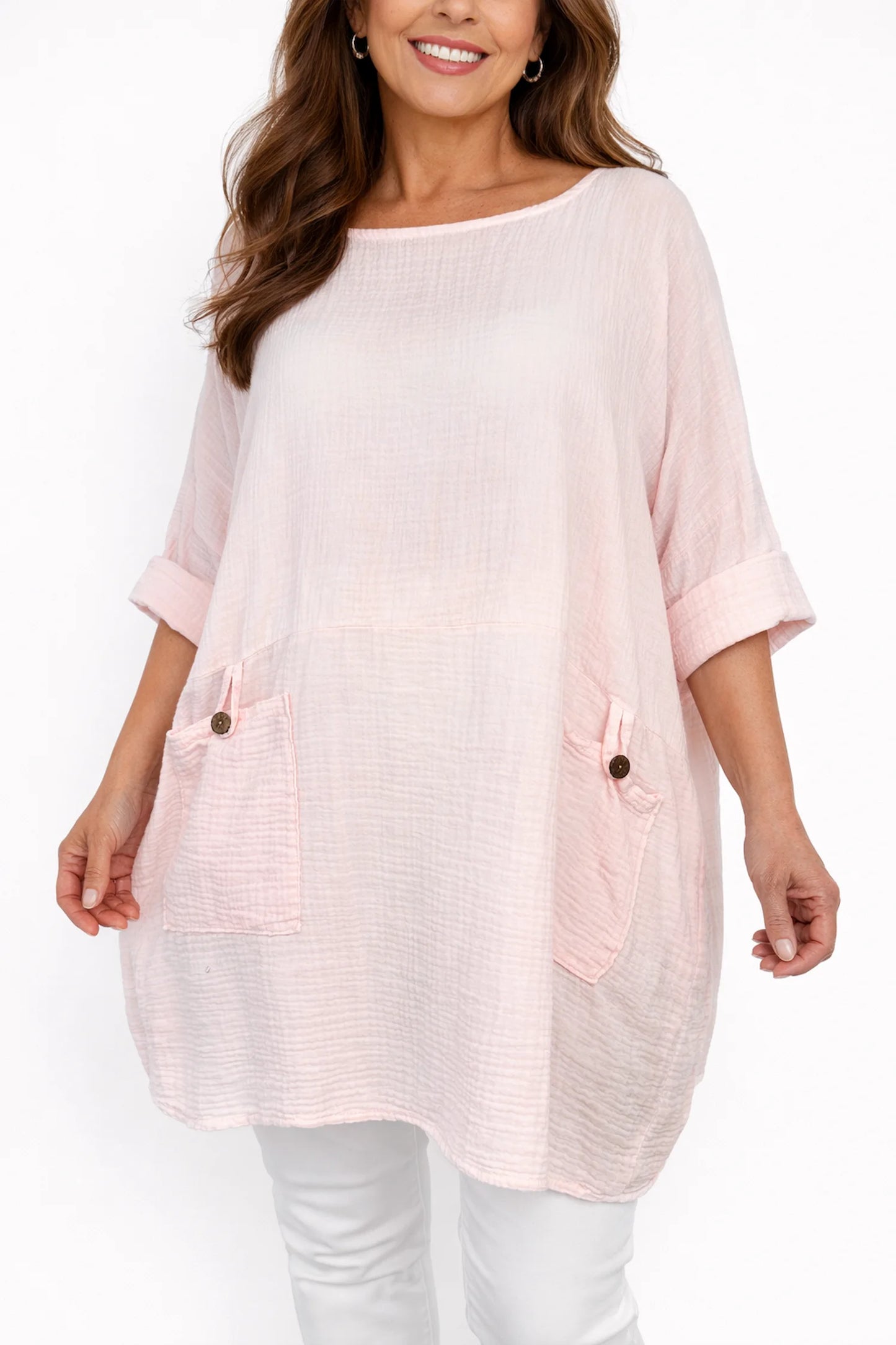 Bubble Cotton Double Button Pocket Tunic Top - Baby Pink