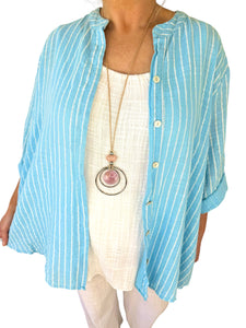 Pure Cotton Pin Stripe Button Sleeve Veresca Shirt - Baby Blue
