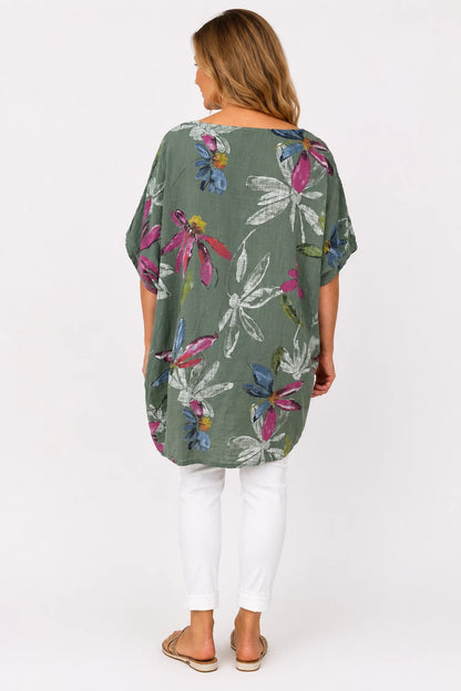 Pure Cotton Double Pocket Livia Tunic Top - Khaki