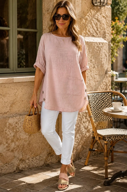 Linen Look Pure Cotton Button Detail Pocket Venice Top - Rosewood Pink