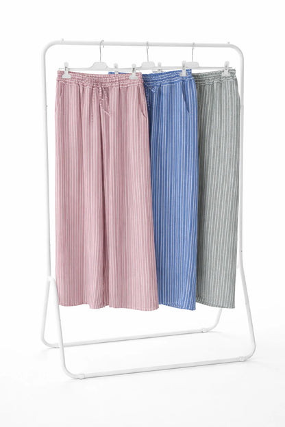Linen Look Double Pocket Elasticated Waist Stripe Bella Wide Leg Pants - Sun-Washed Denim
