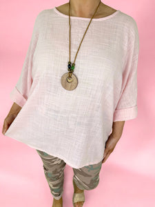 Pure Cotton Linen Look Porto Necklace Top - Baby Pink