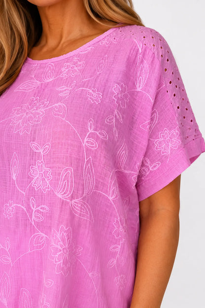 Pure Cotton Embroidery Anglaise Crochet Sleeve Devure Top - Lipstick Pink