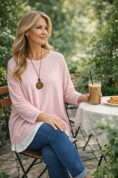 Helena Two In One Sparkle Trim Crochet Necklace Top - Baby Pink