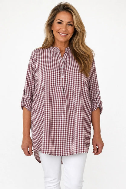 Gingham Button Sleeve Cruze Button Shirt - Wine