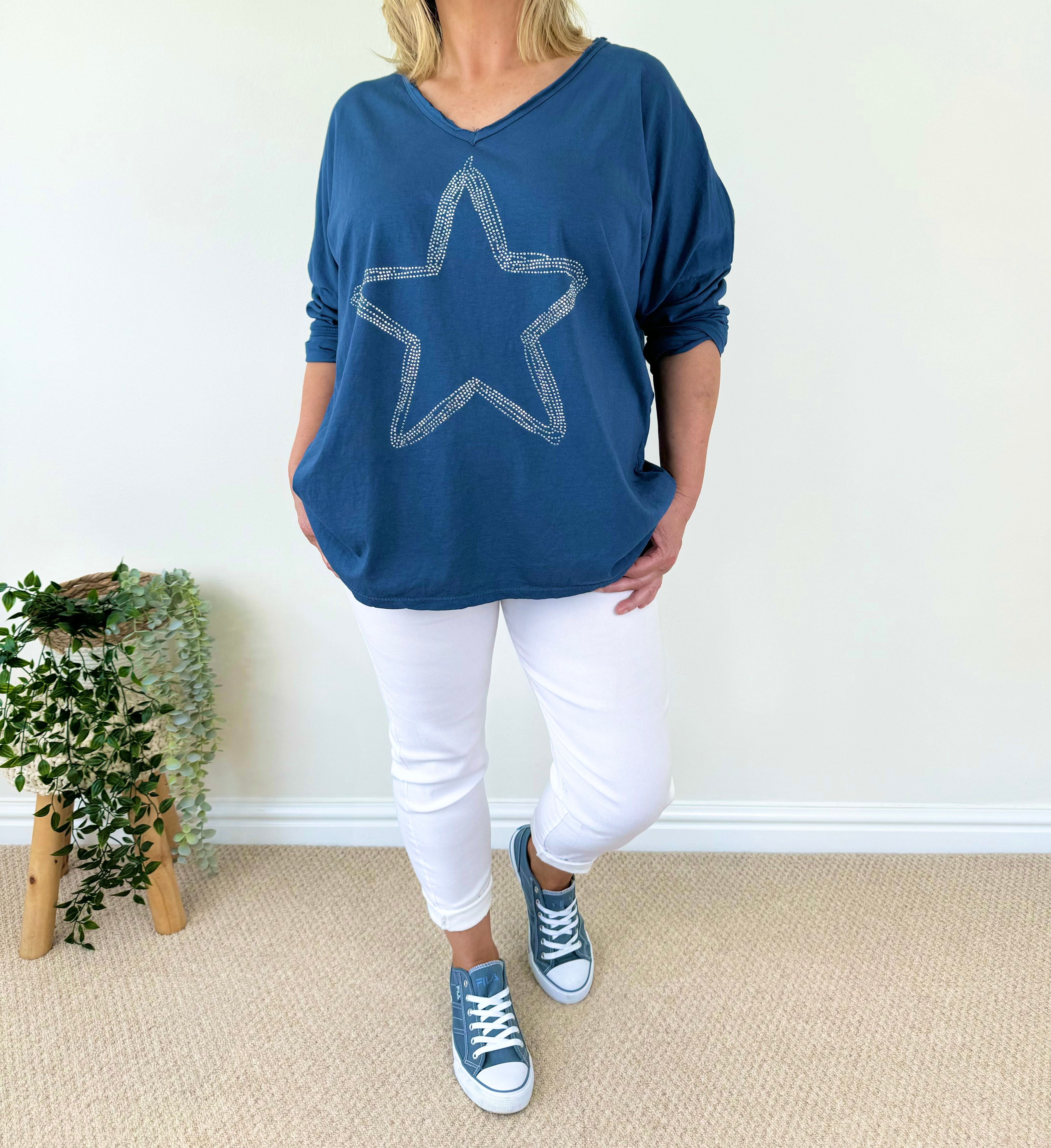 Diamanté Star Cotton Long Sleeve Top SS24